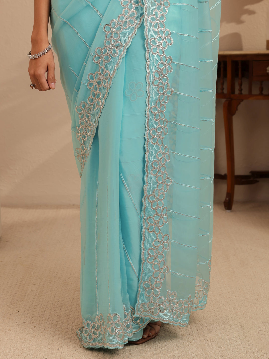  Sky Blue Embroidered Organza Saree 