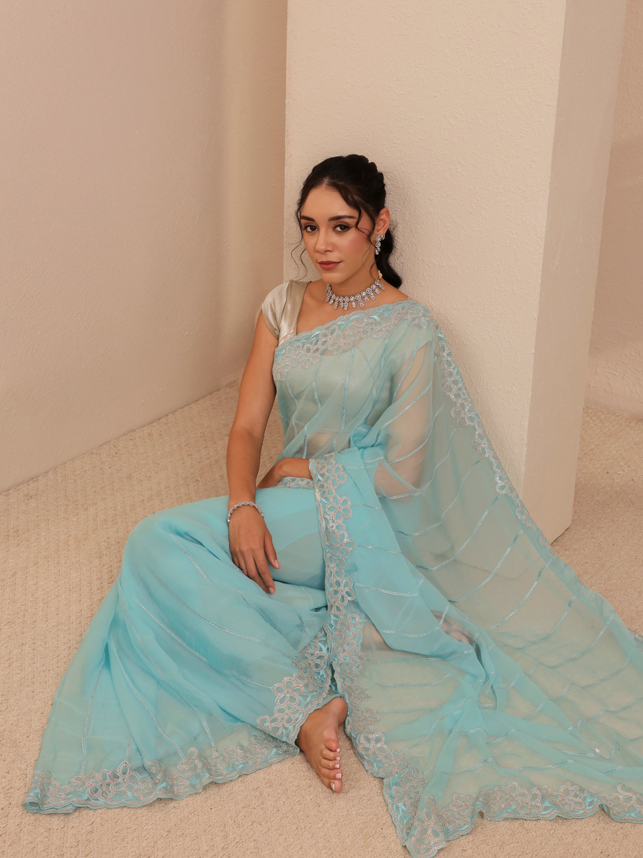 libas Sky Blue Embroidered Organza Saree-picture-54