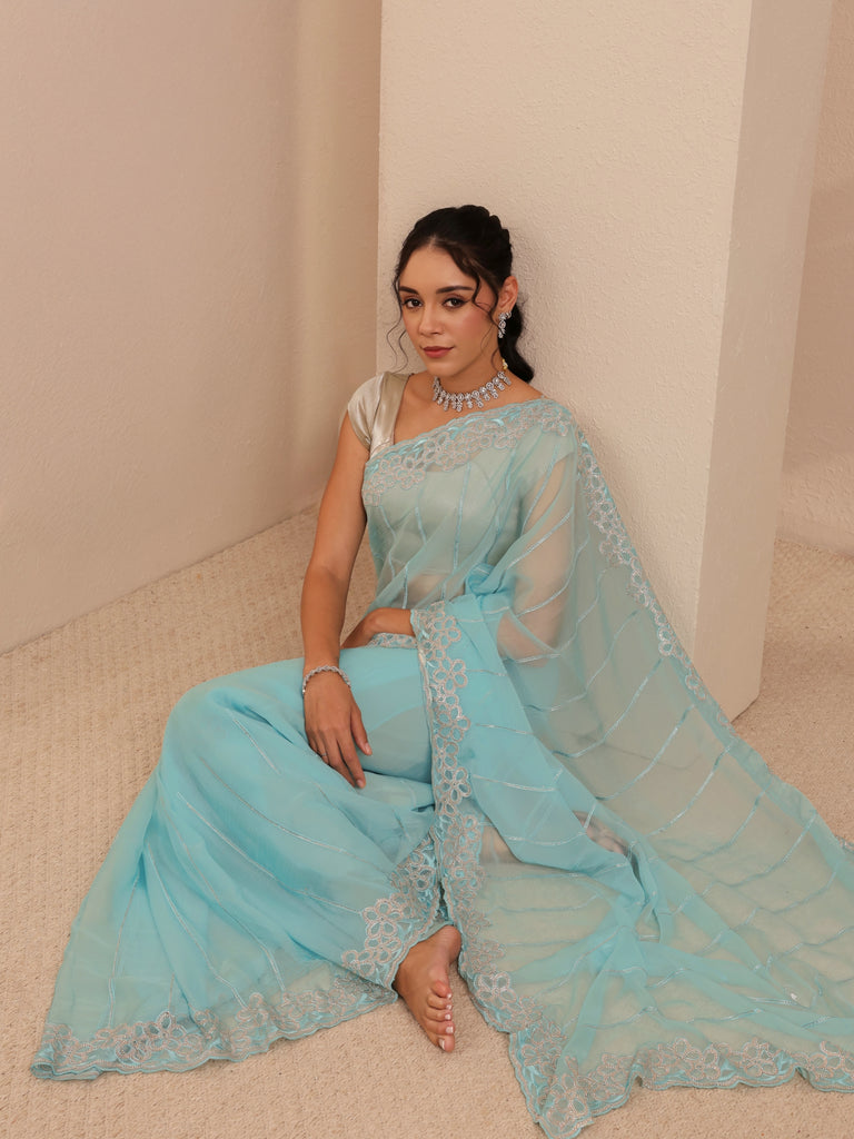 Libas Sky Blue Embroidered Organza Saree