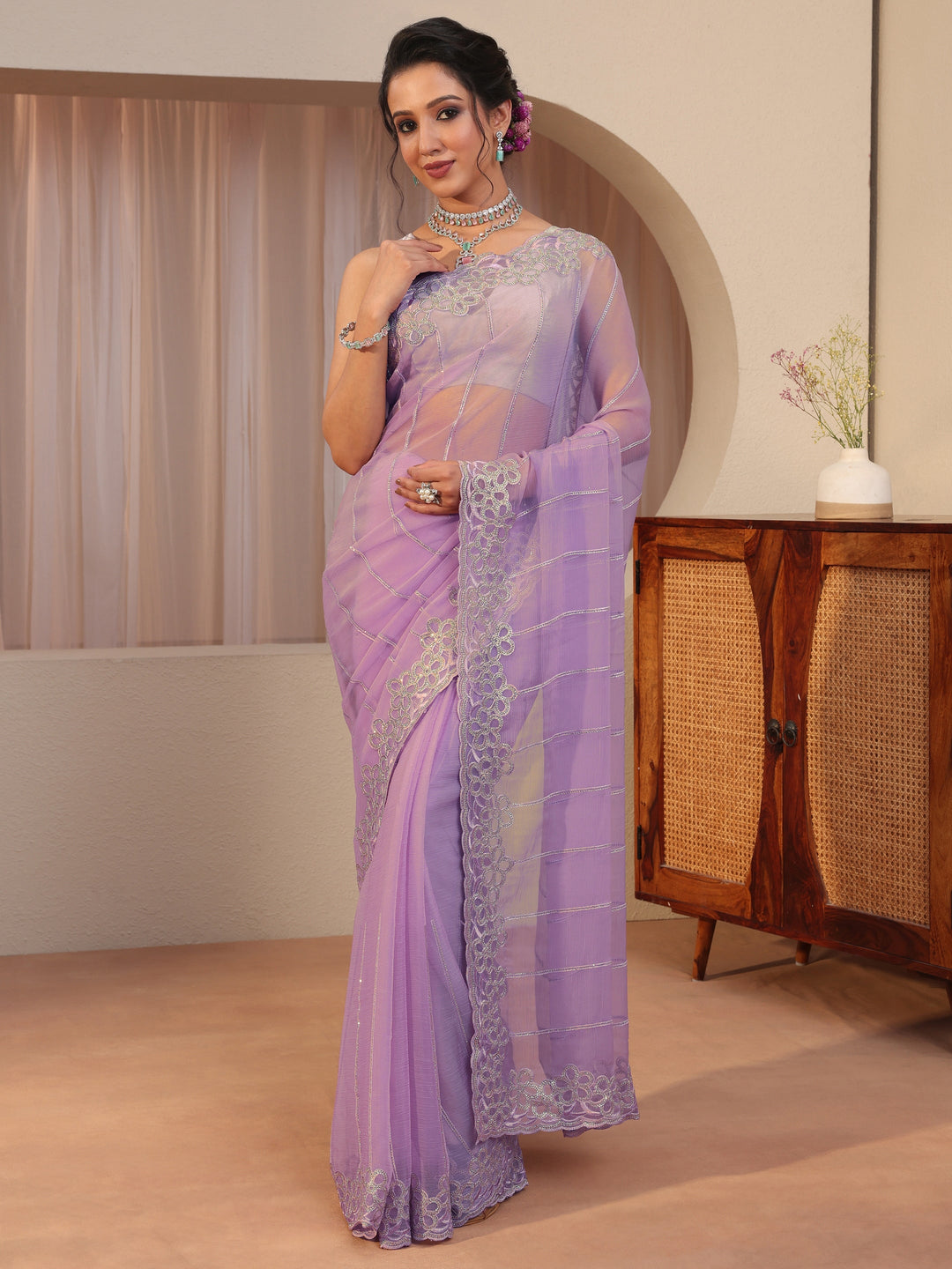  Lavender Floral Embellished Organza Saree 