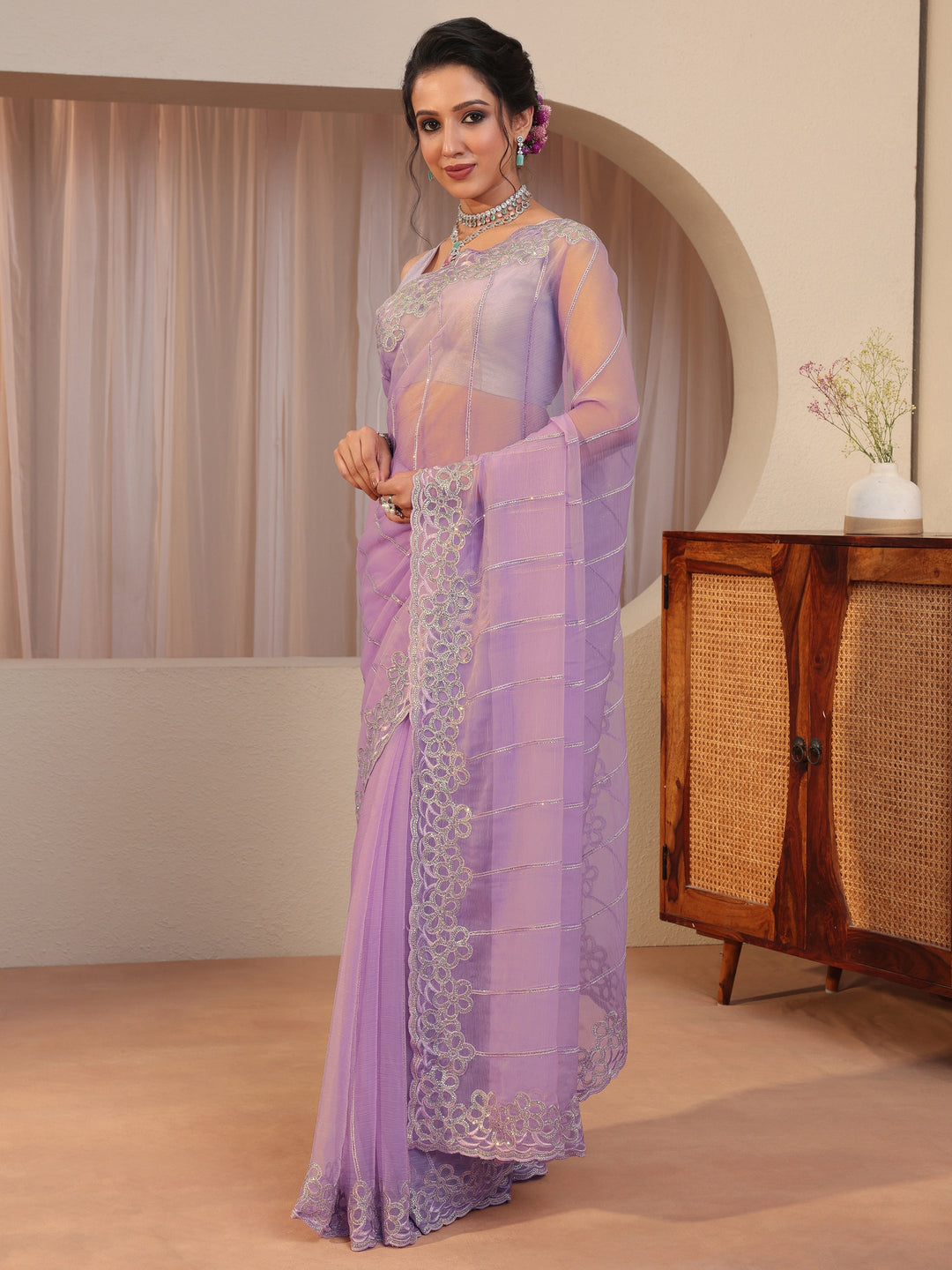  Lavender Floral Embellished Organza Saree 