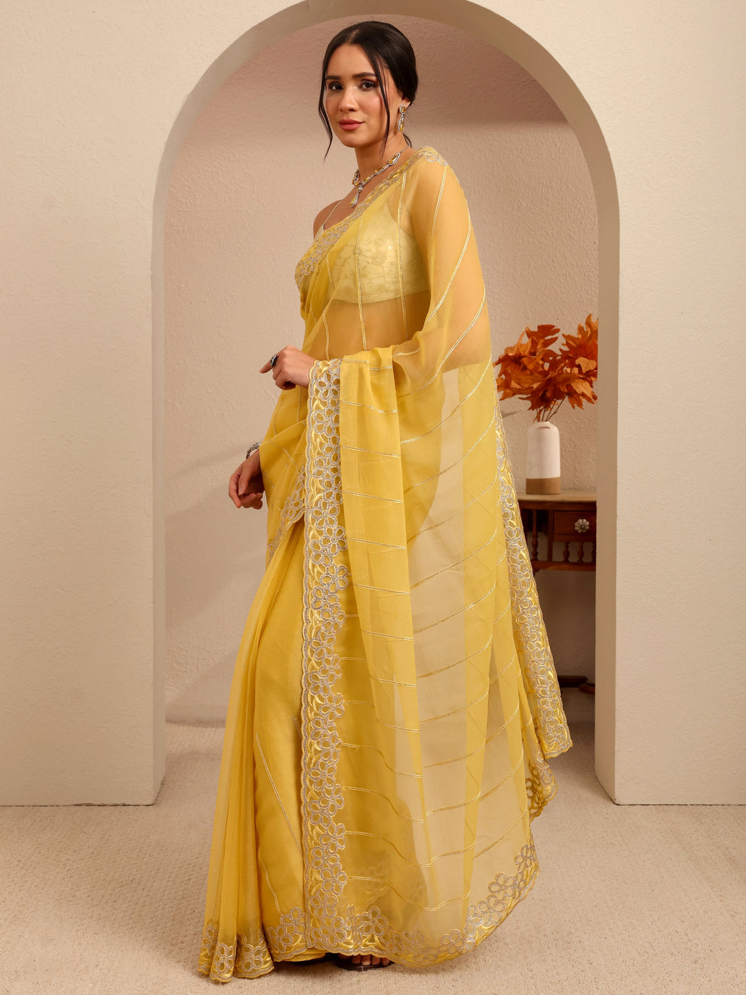  Yellow Embroidered Organza Saree 