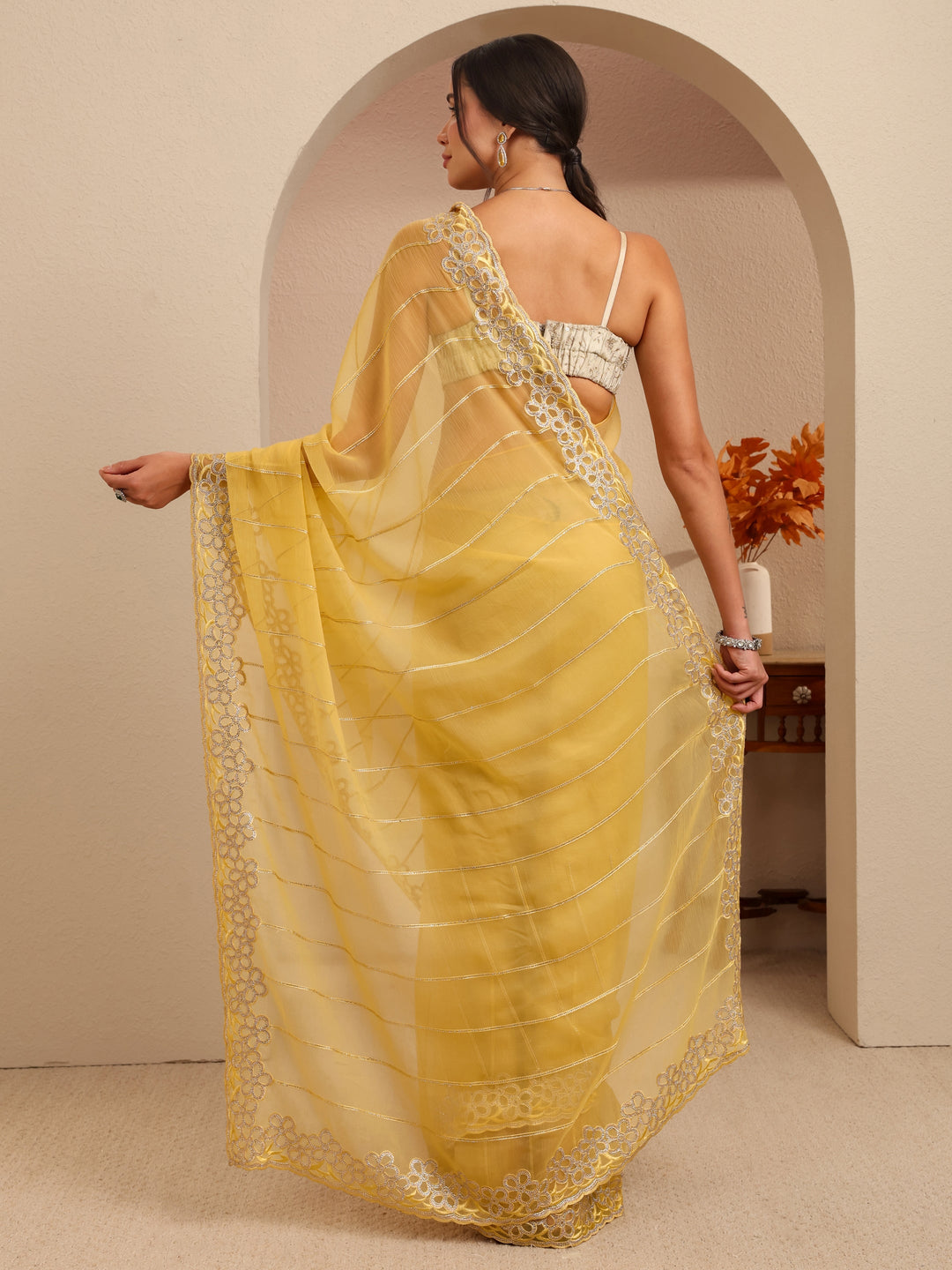  Yellow Embroidered Organza Saree 