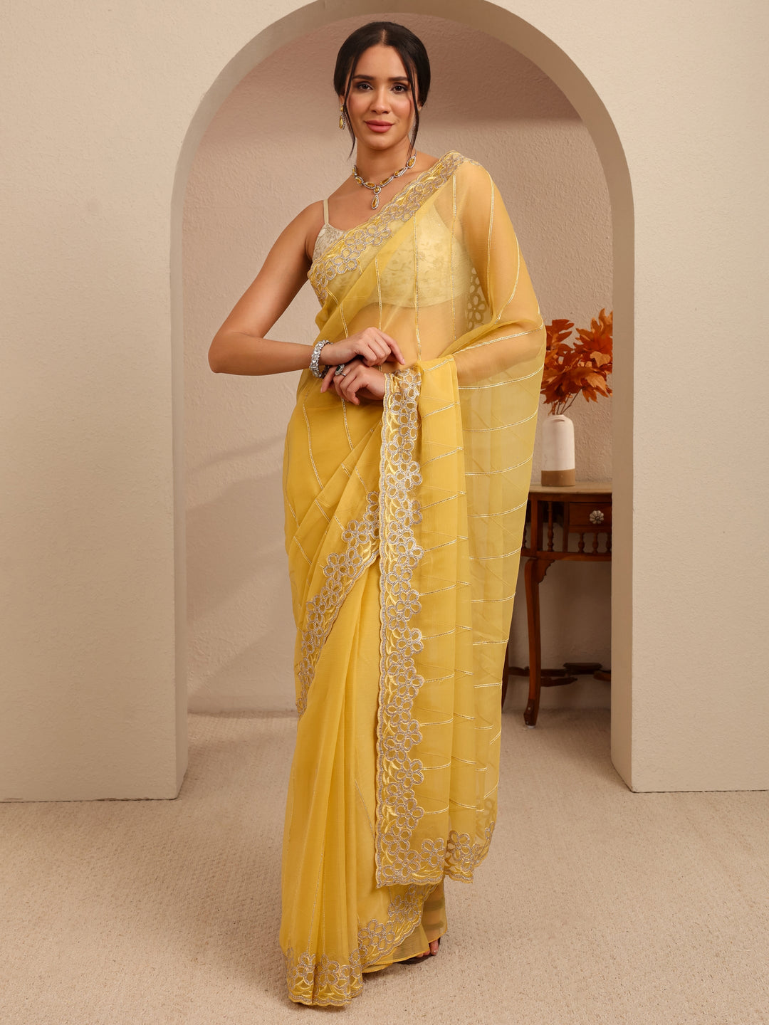  Yellow Embroidered Organza Saree 
