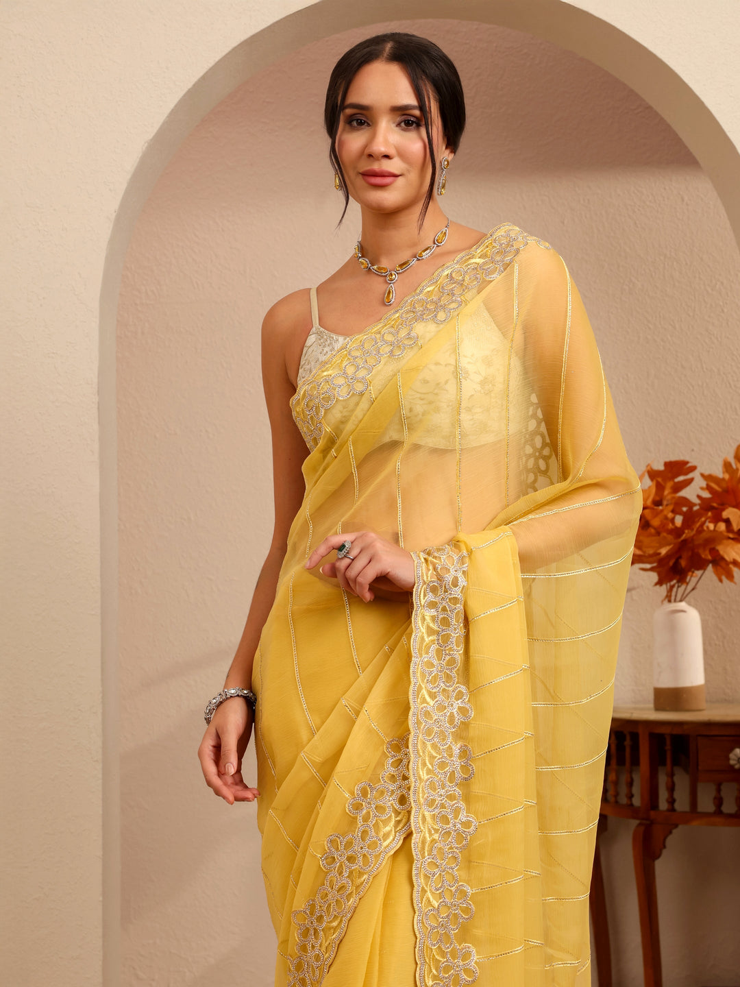  Yellow Embroidered Organza Saree 