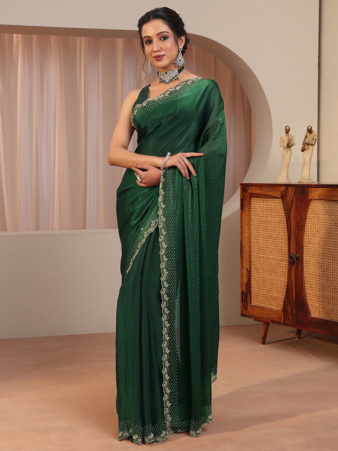  Forest Green Embellished Border Tissue Saree 