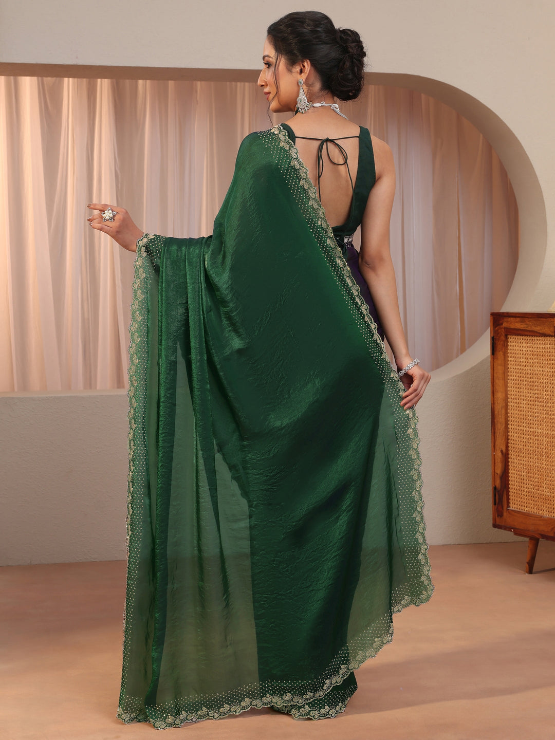  Forest Green Embellished Border Tissue Saree 