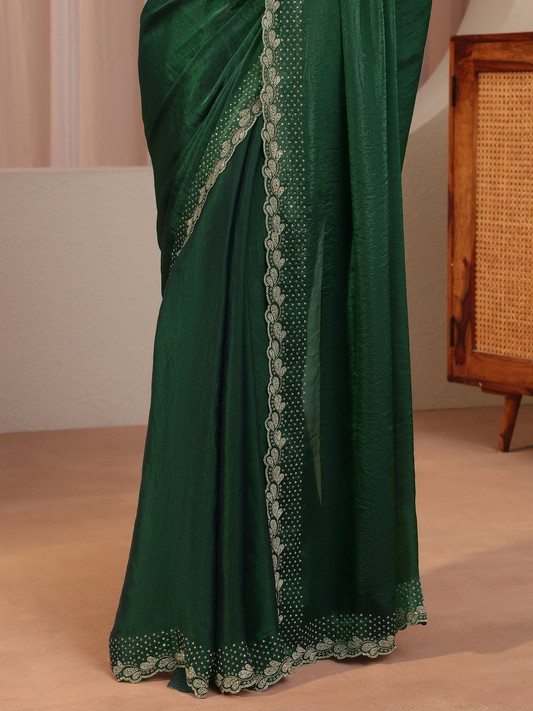  Forest Green Embellished Border Tissue Saree 