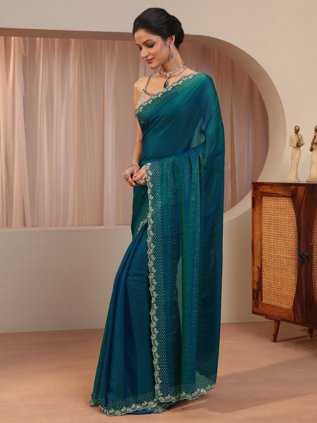 Pacific Blue Embellished Border Tissue Saree 