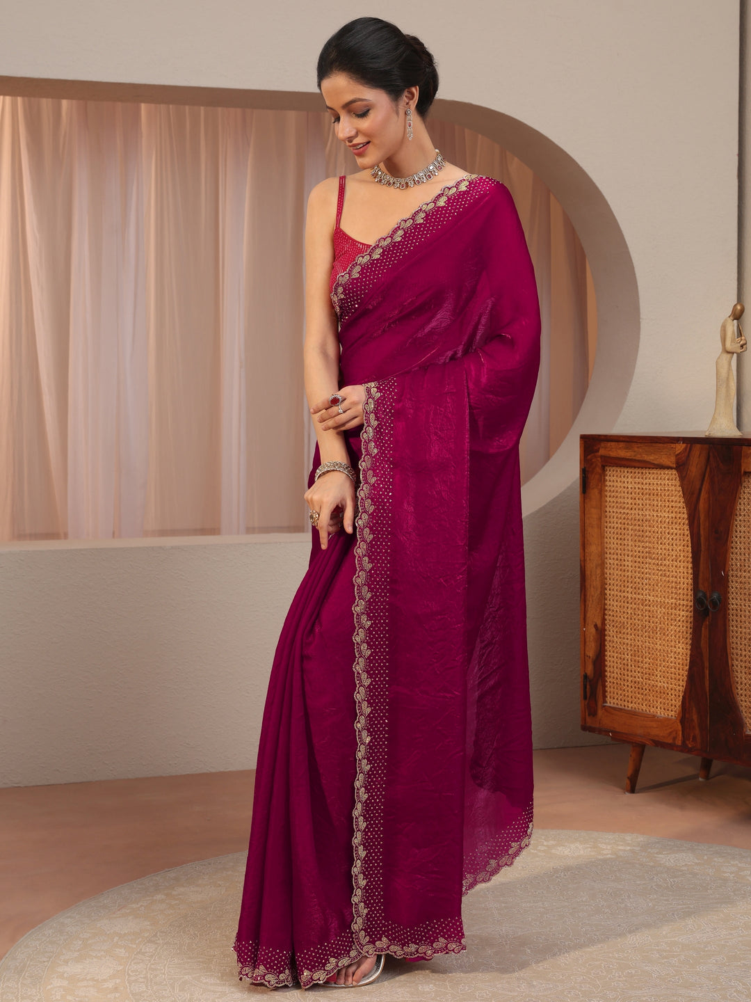  Magenta Pink Embellished Border Tissue Saree 