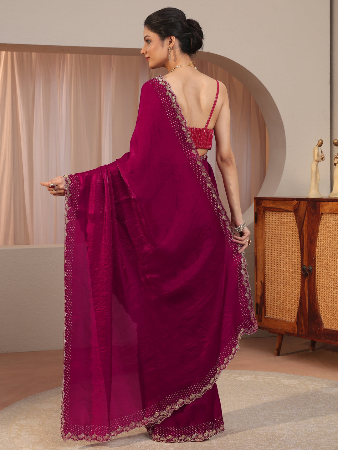  Magenta Pink Embellished Border Tissue Saree 