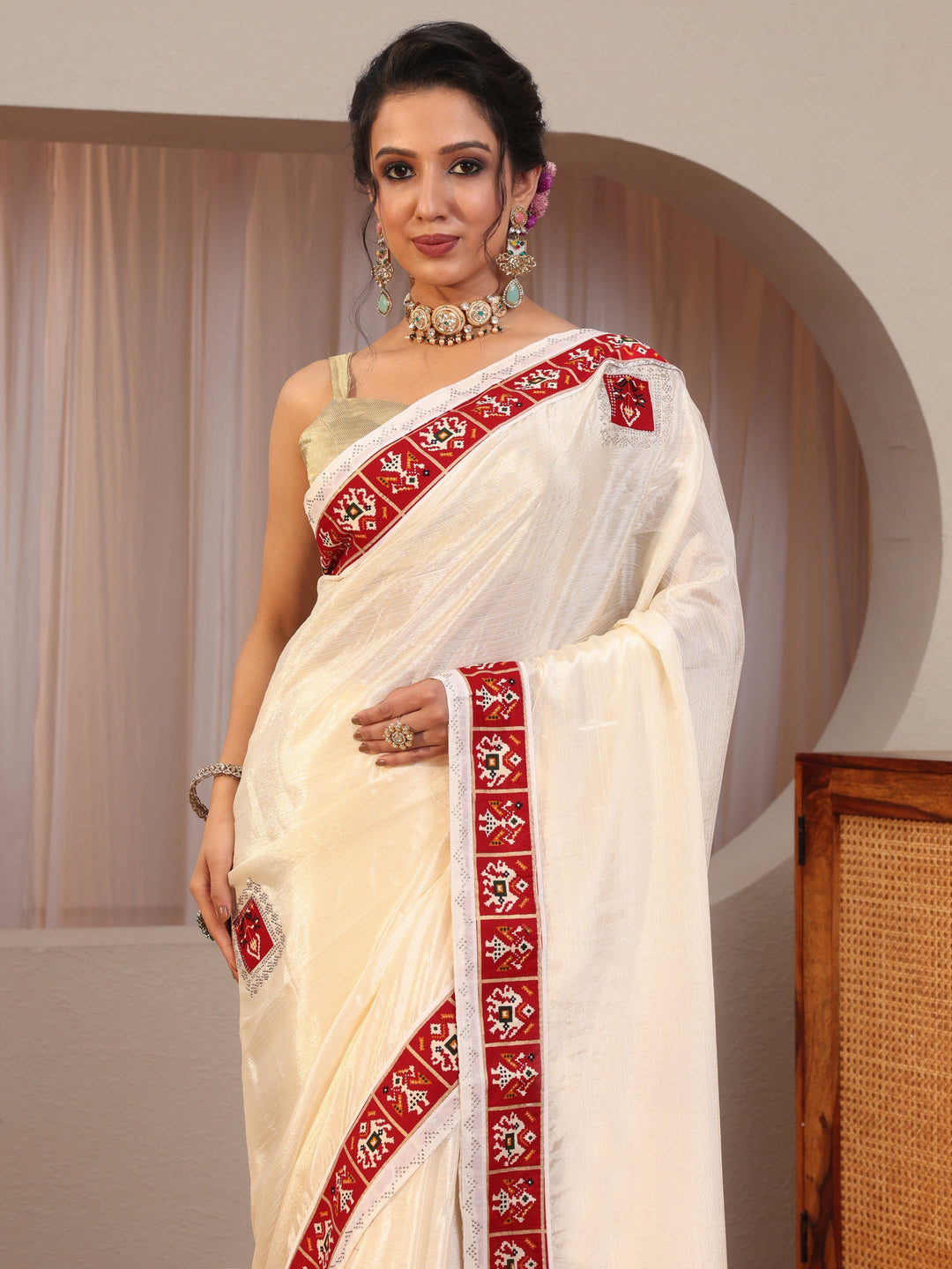  Patola Border Cream Chiffon Saree 