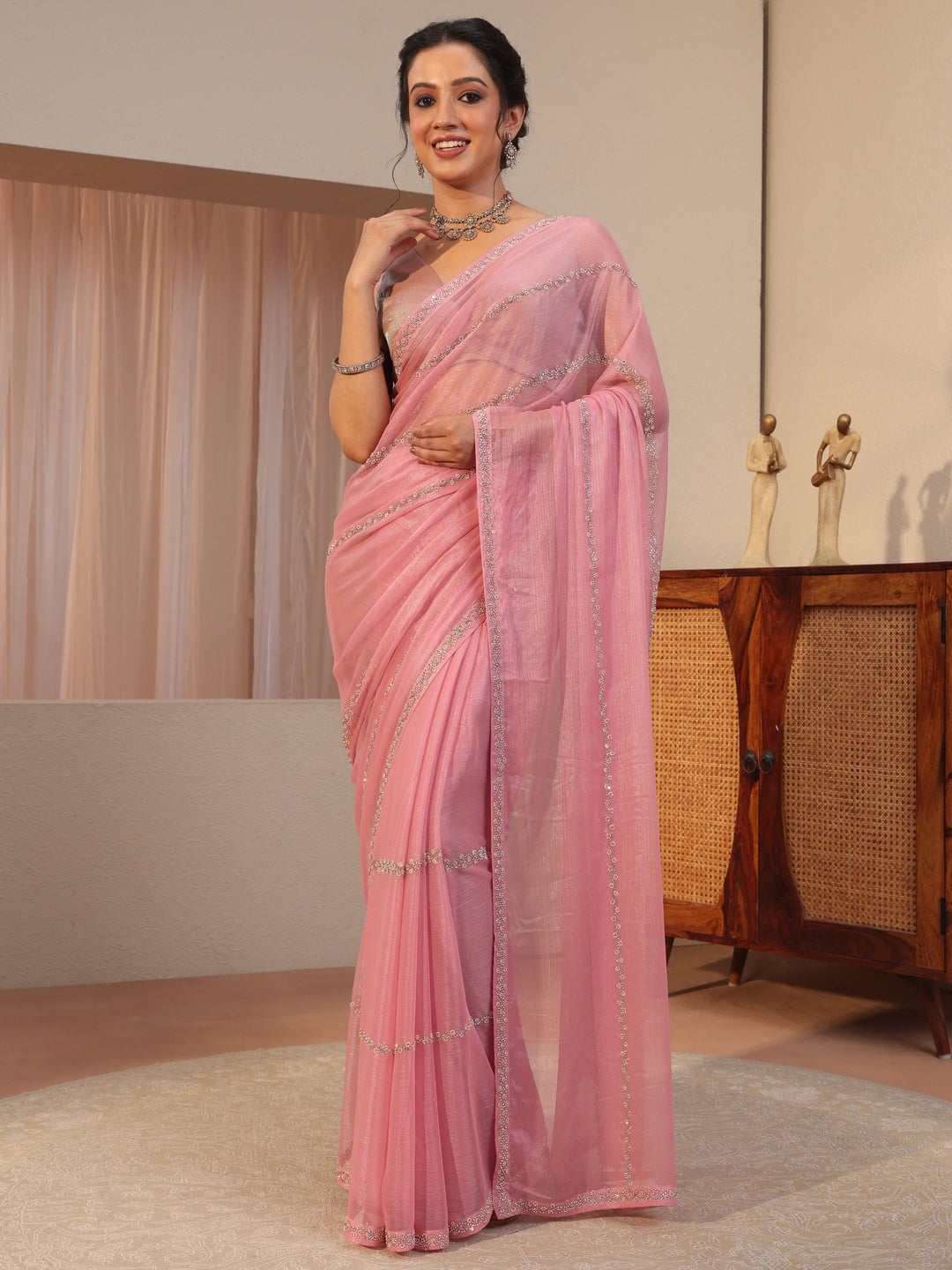  Peach Embellished Chiffon Saree 