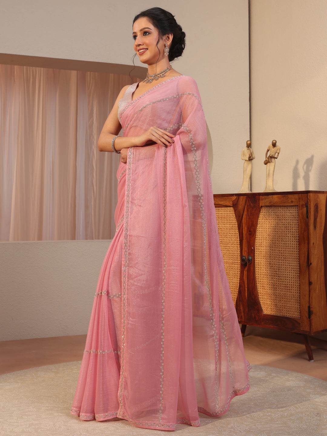  Peach Embellished Chiffon Saree 
