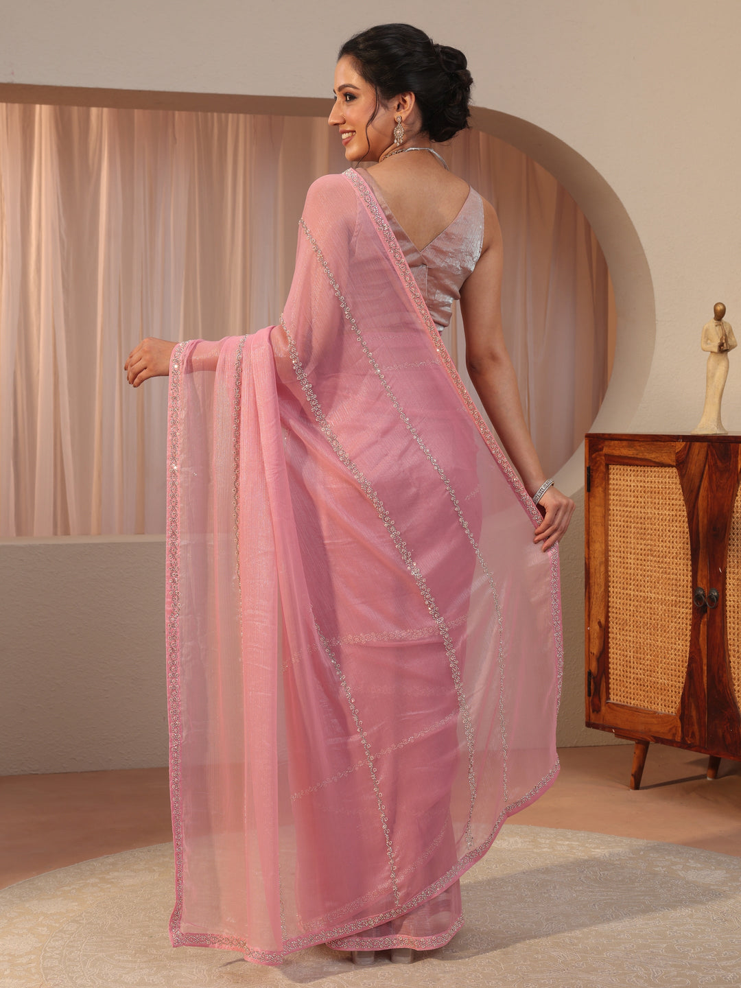  Peach Embellished Chiffon Saree 