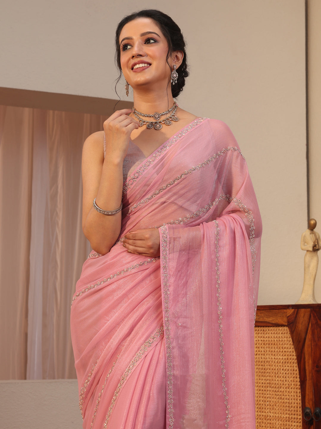  Peach Embellished Chiffon Saree 