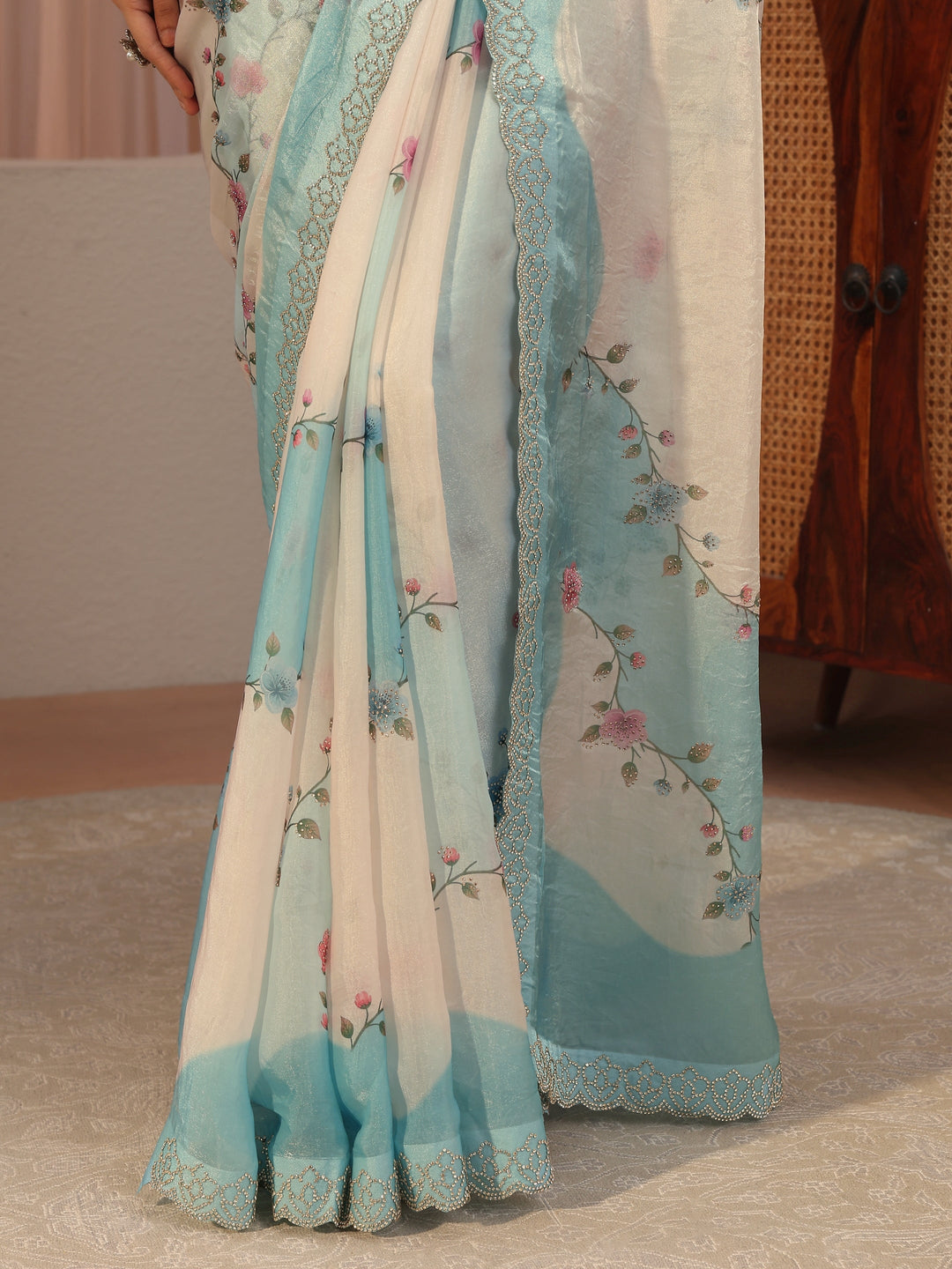  Baby Blue And Ivory Embellished Tissue Saree 