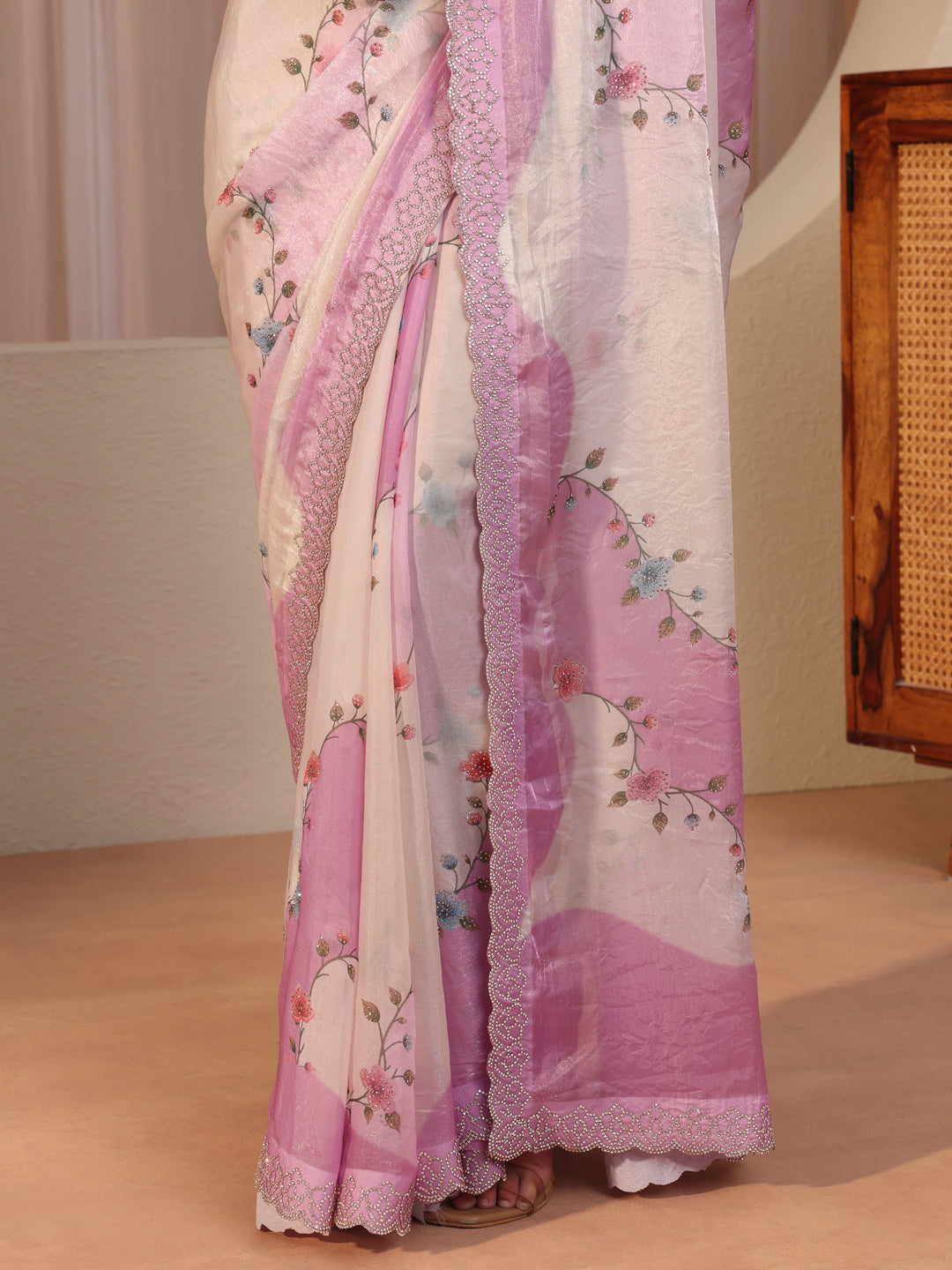  Baby Pink And Ivory Embellished Tissue Saree 