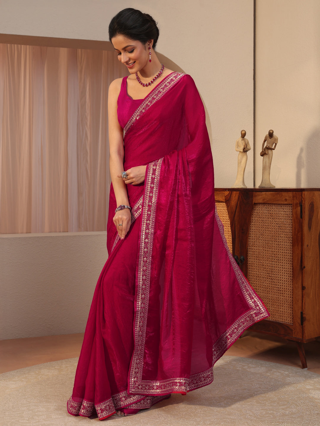 Magenta Pink Embellished Border Tissue Saree 