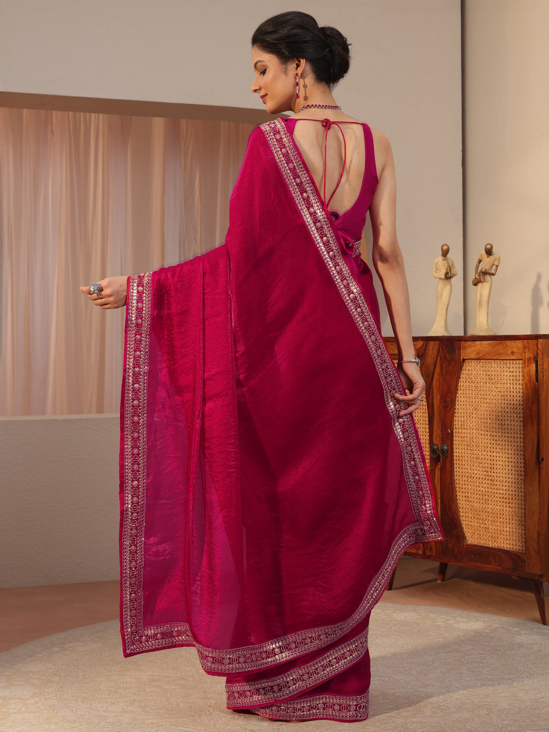  Magenta Pink Embellished Border Tissue Saree 