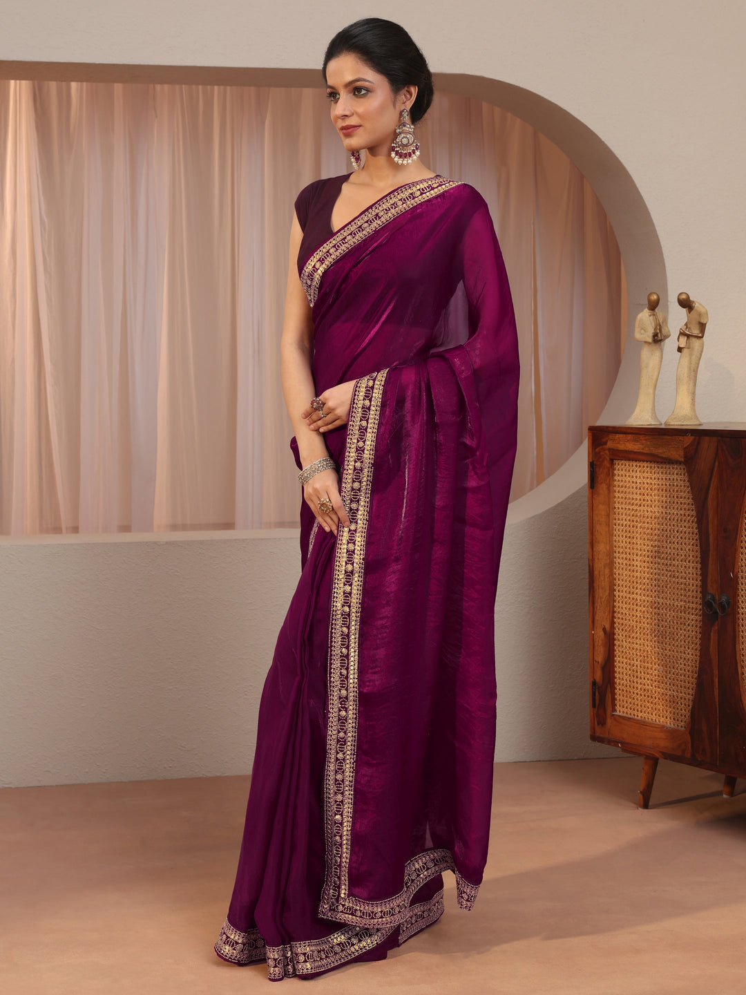  Burgundy Embellished Border Tissue Saree 