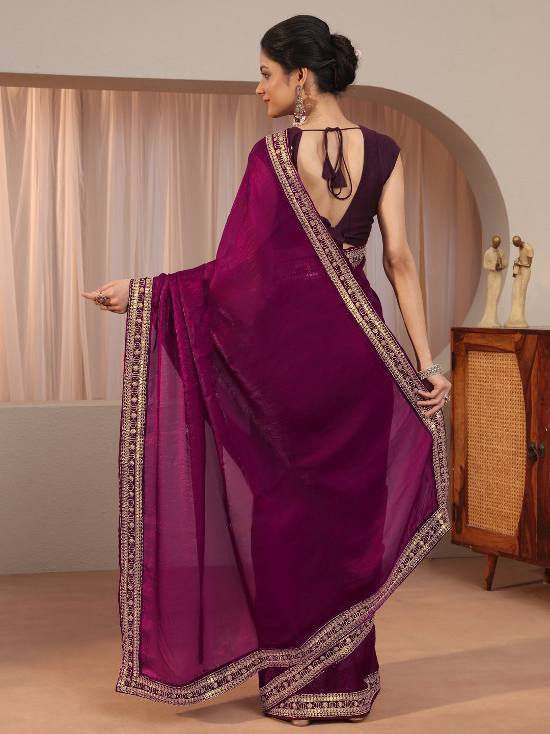  Burgundy Embellished Border Tissue Saree 