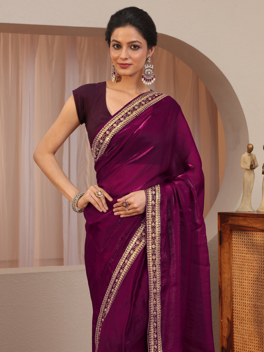 Burgundy Embellished Border Tissue Saree 