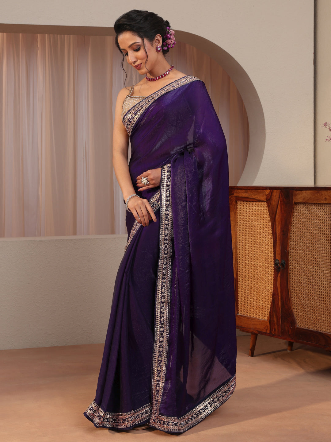  Regal Purple Embellished Border Tissue Saree 
