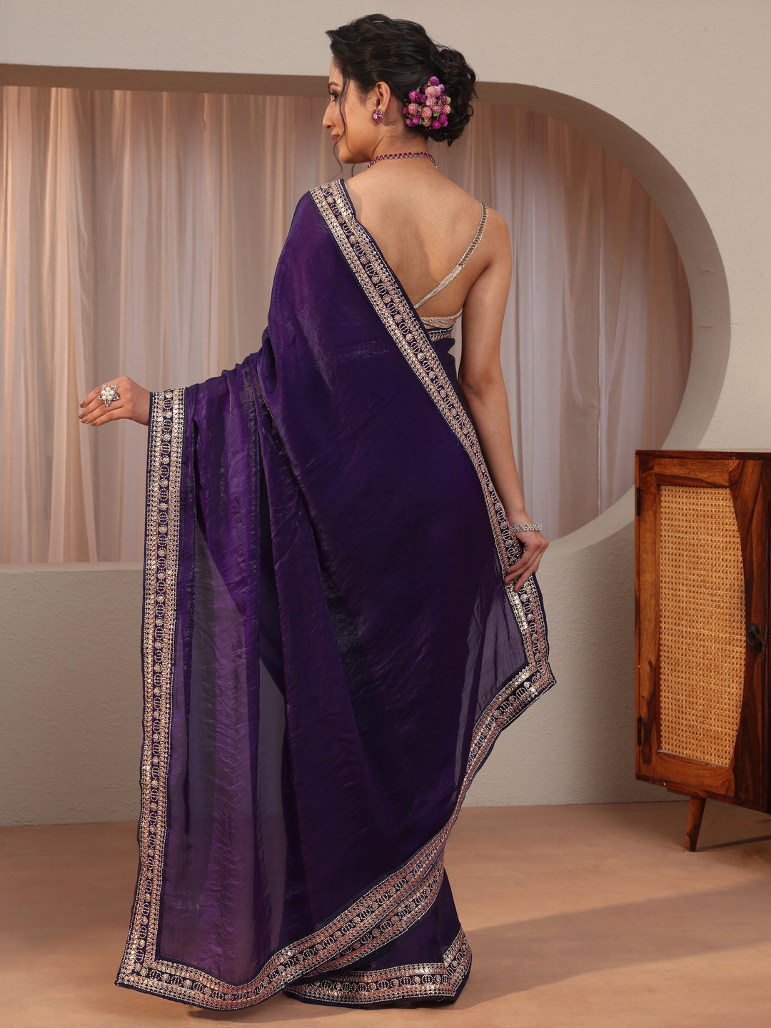  Regal Purple Embellished Border Tissue Saree 