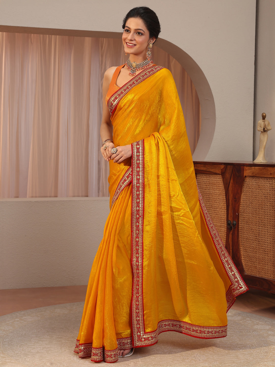  Sunglow Yellow Embellished Border Tissue Saree 