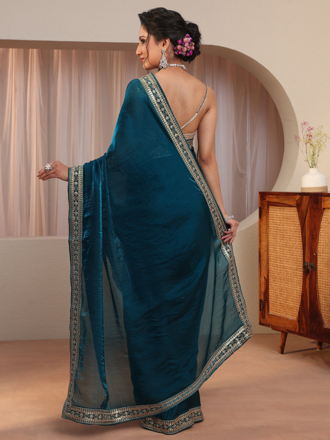  Persian Blue Embellished Border Tissue Saree 