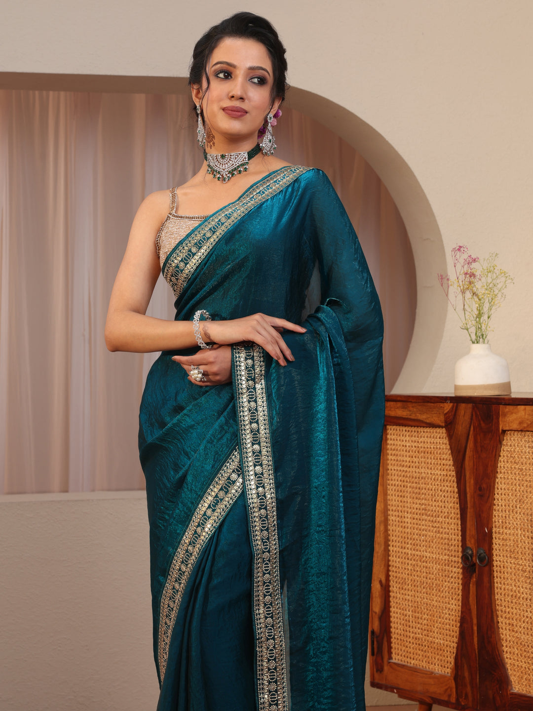  Persian Blue Embellished Border Tissue Saree 