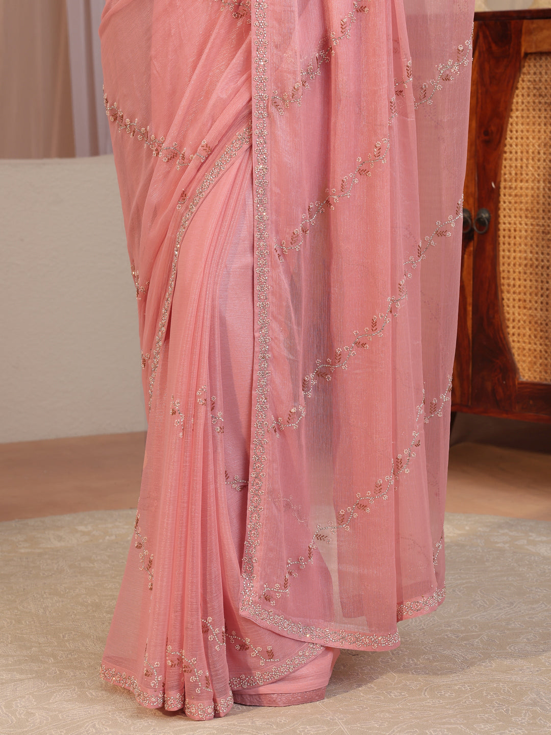  Peach Embellished Chiffon Saree 