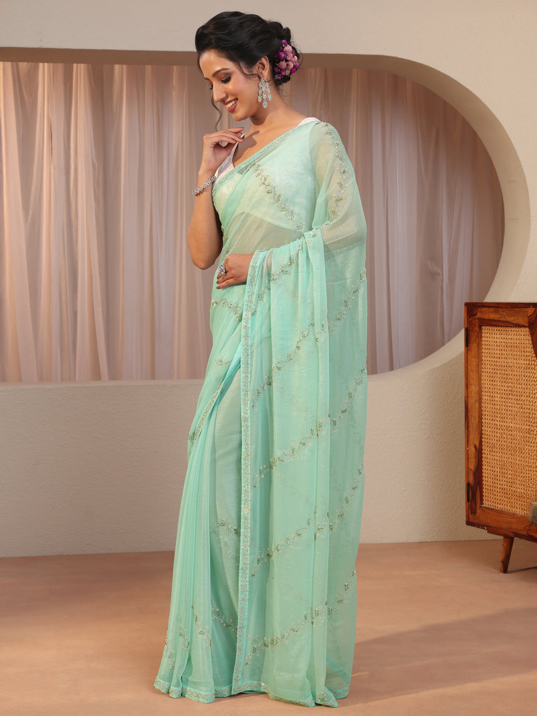  Sky Blue Embellished Chiffon Saree 