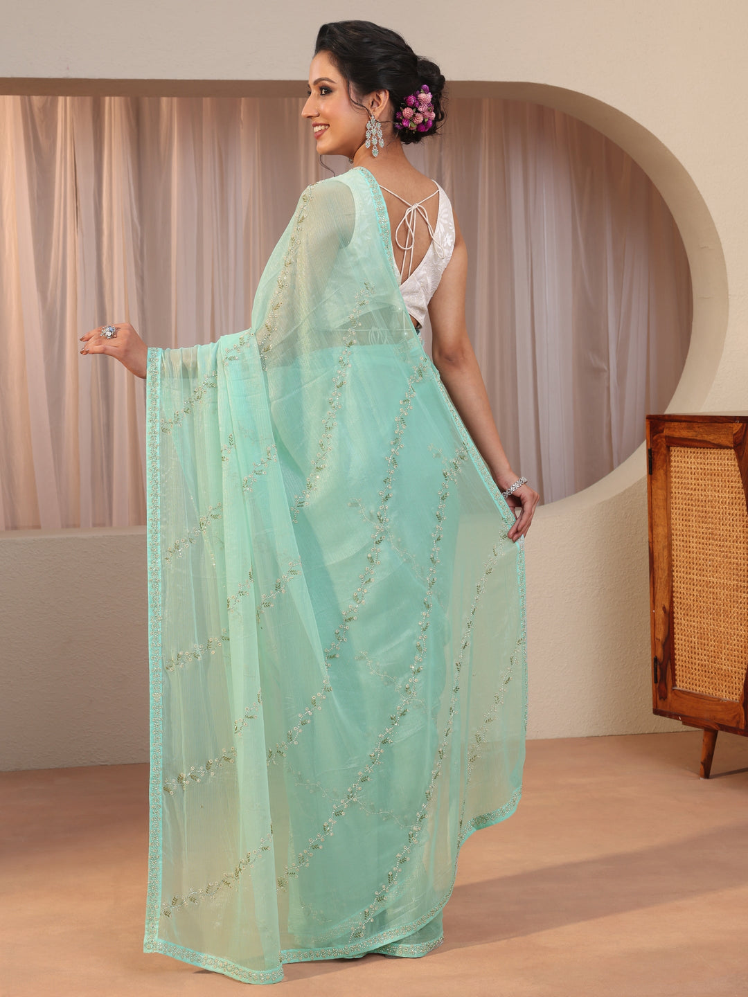  Sky Blue Embellished Chiffon Saree 