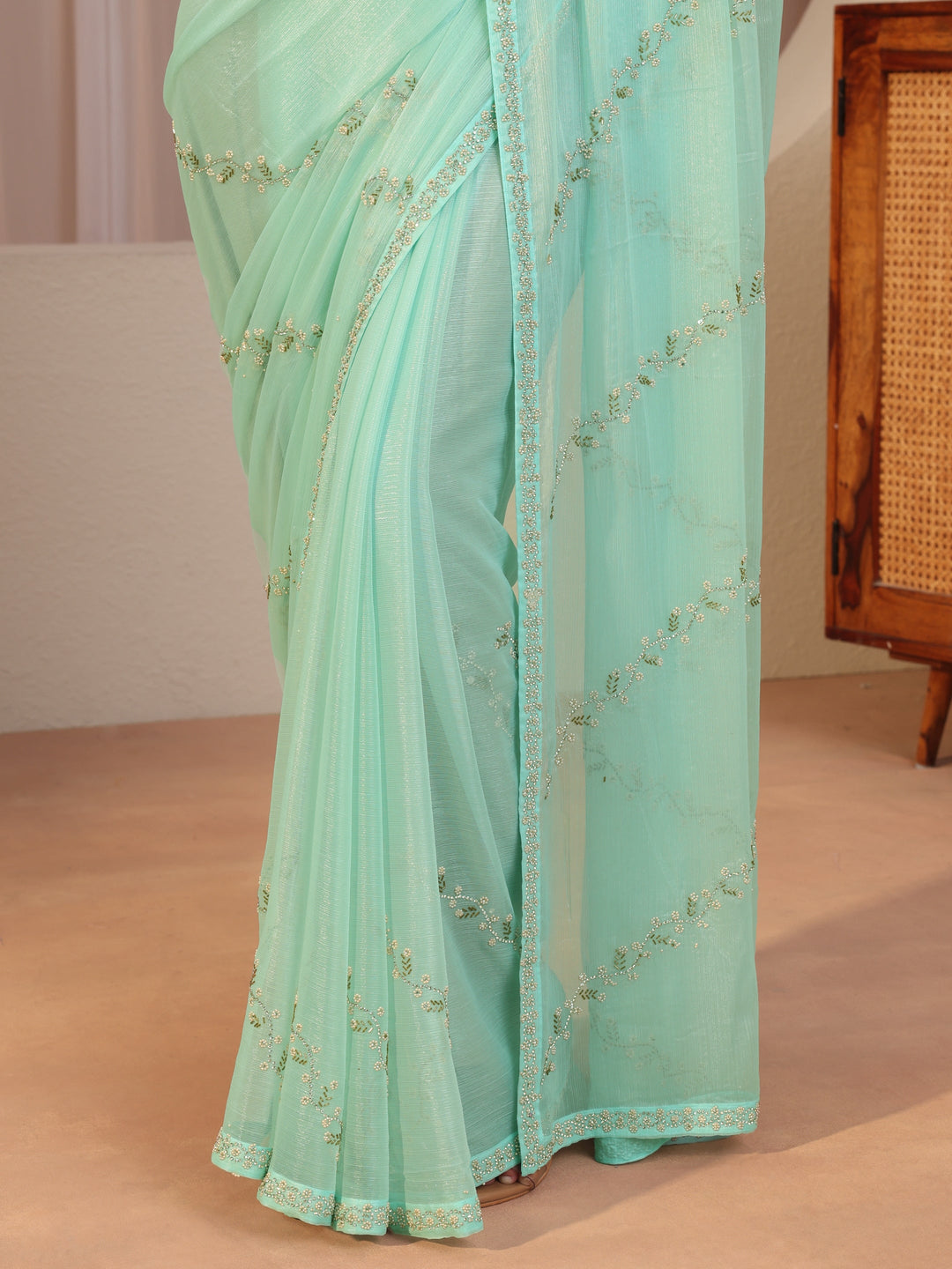  Sky Blue Embellished Chiffon Saree 