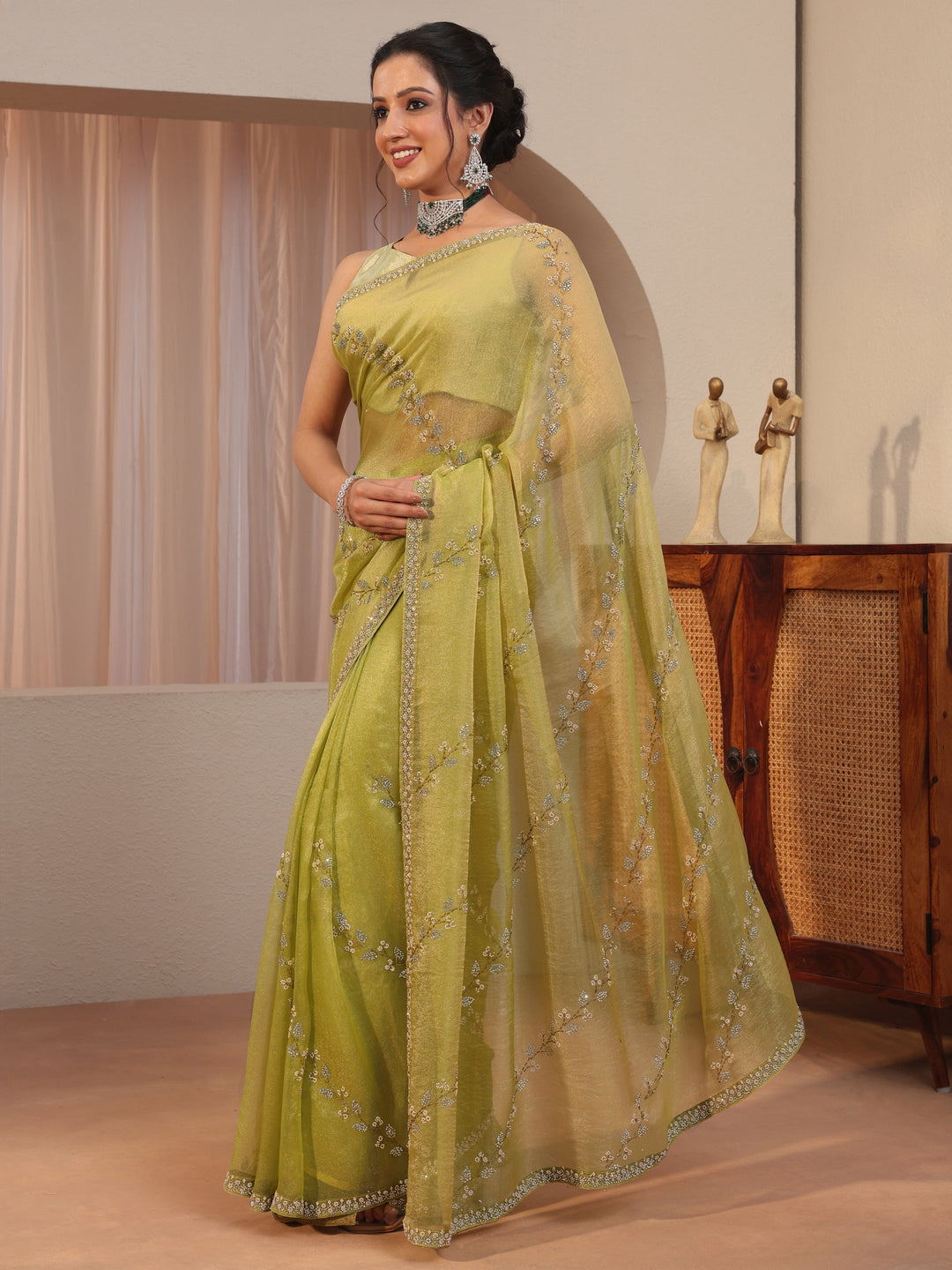  Light Green Embellished Tissue Saree 