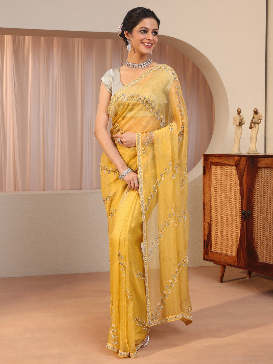  Canary Yellow Embellished Tissue Saree 