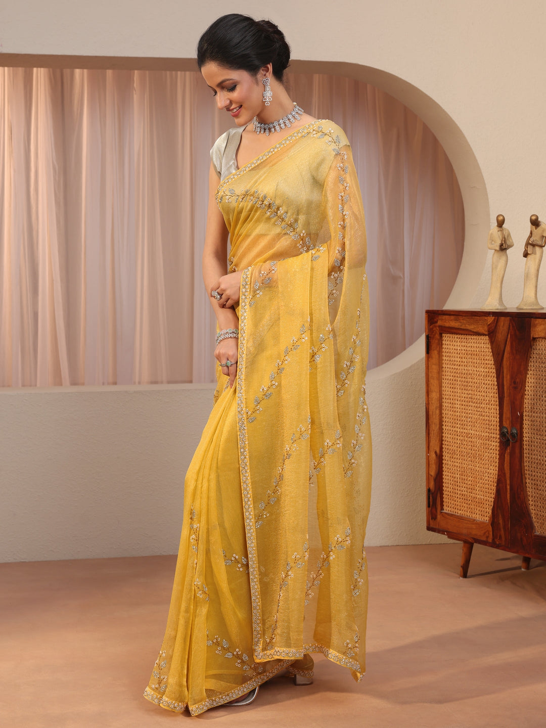  Canary Yellow Embellished Tissue Saree 