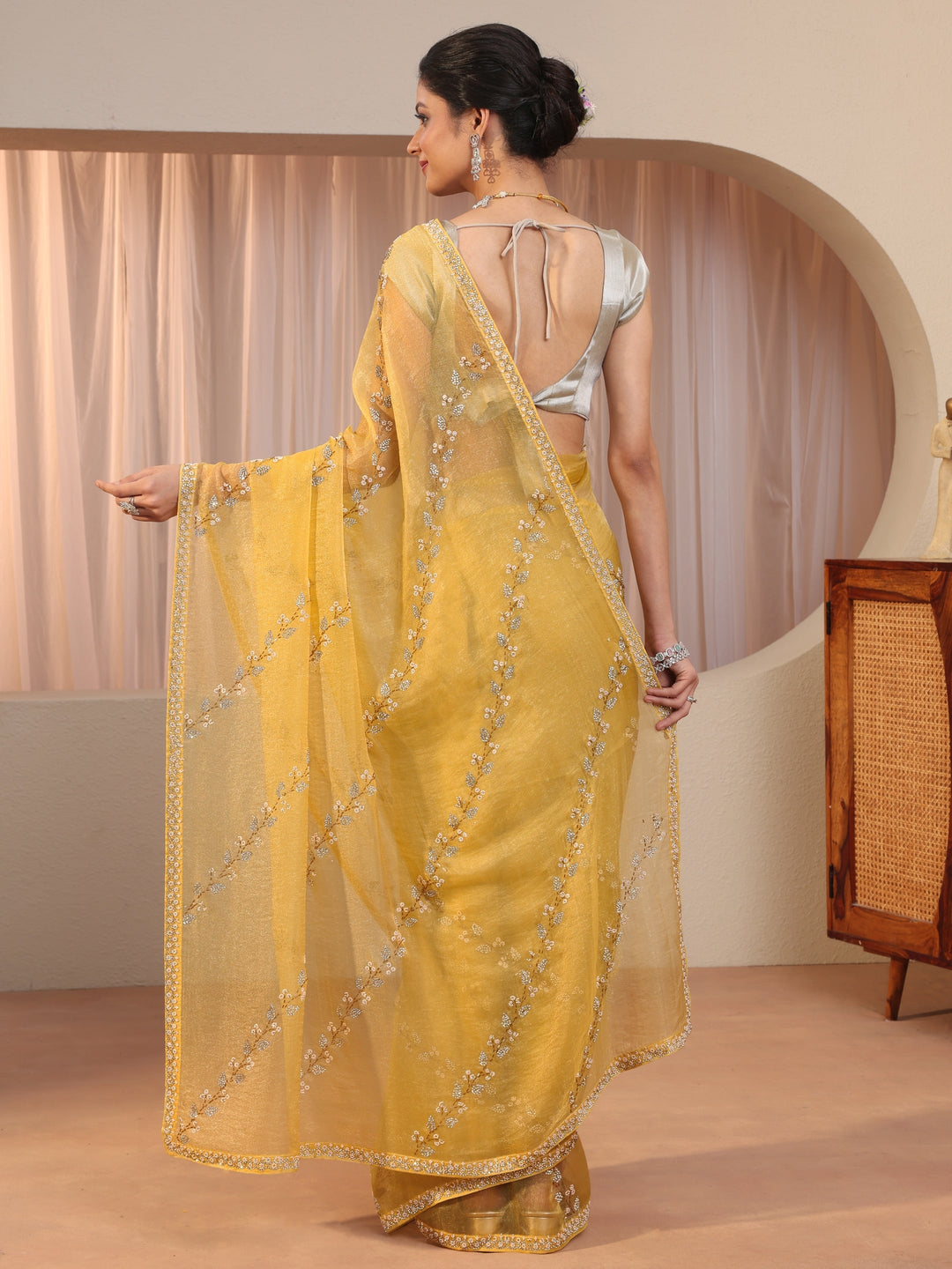  Canary Yellow Embellished Tissue Saree 