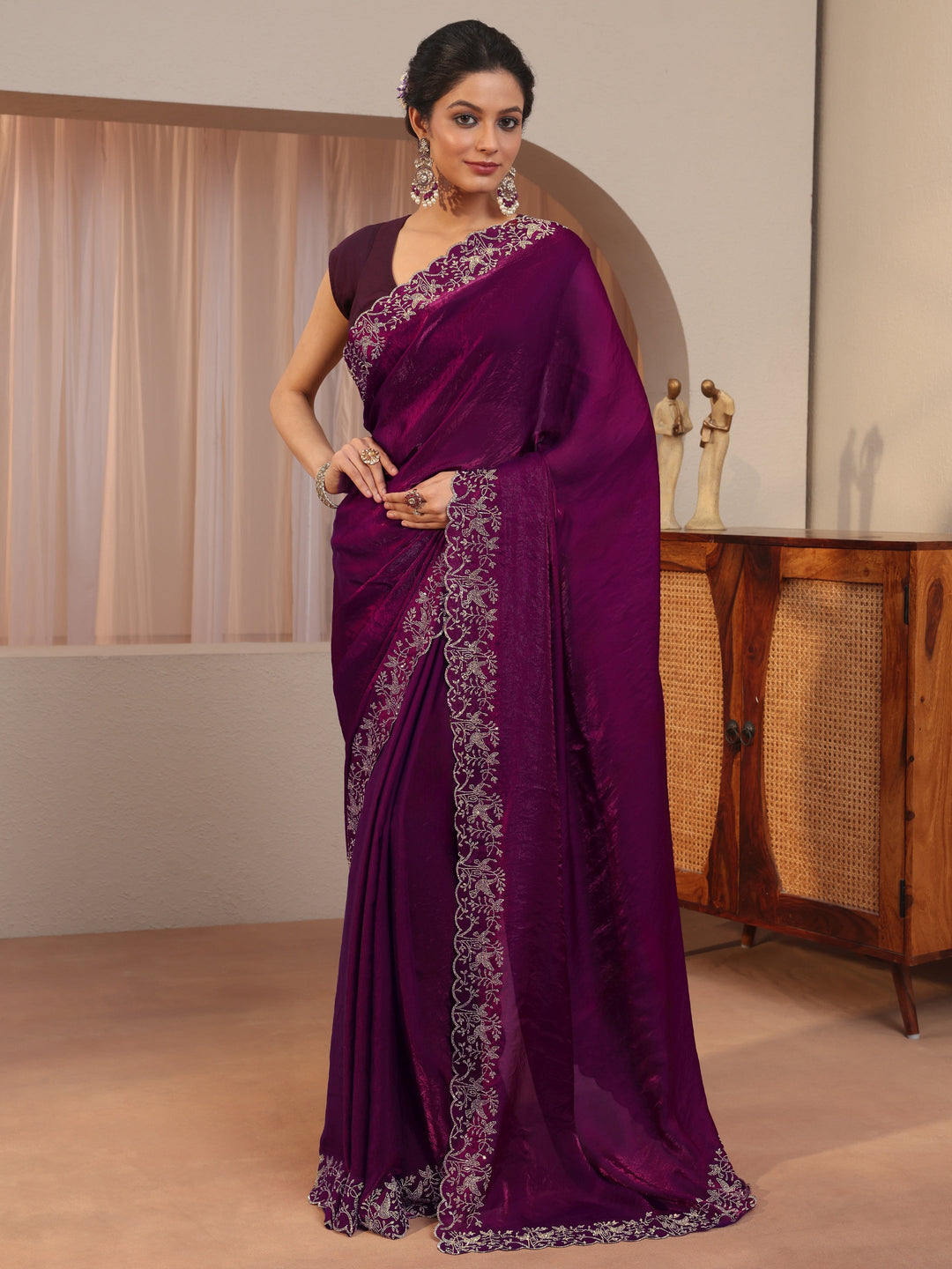  Burgundy Tissue Saree With Embroidered Border 