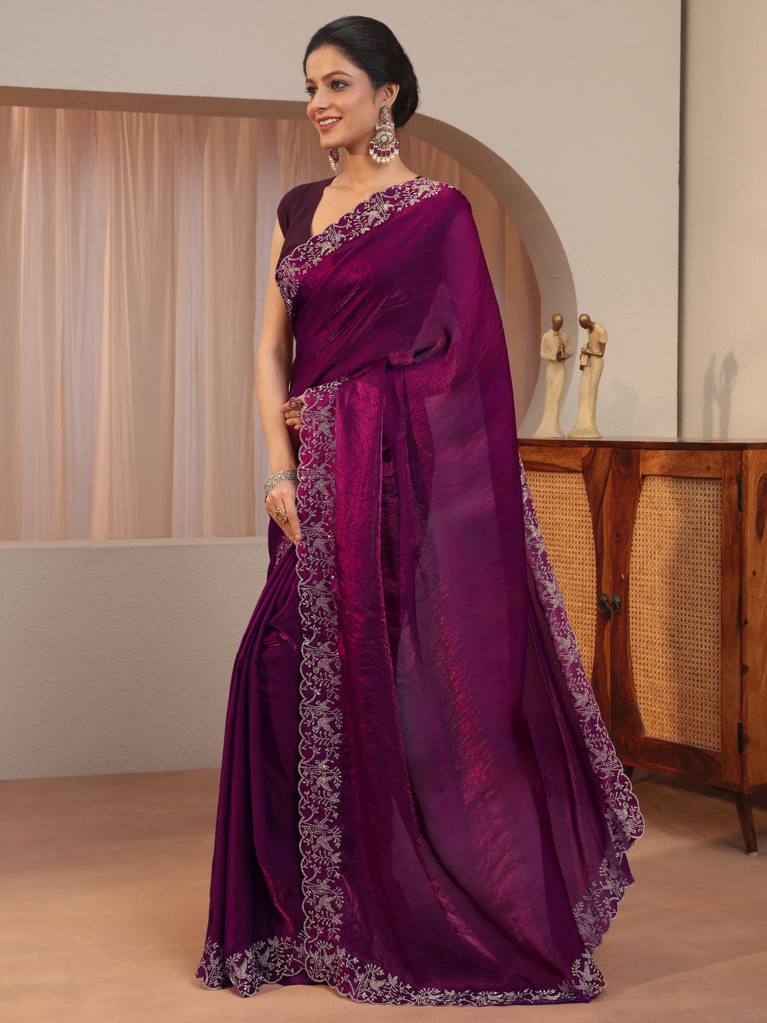  Burgundy Tissue Saree With Embroidered Border 