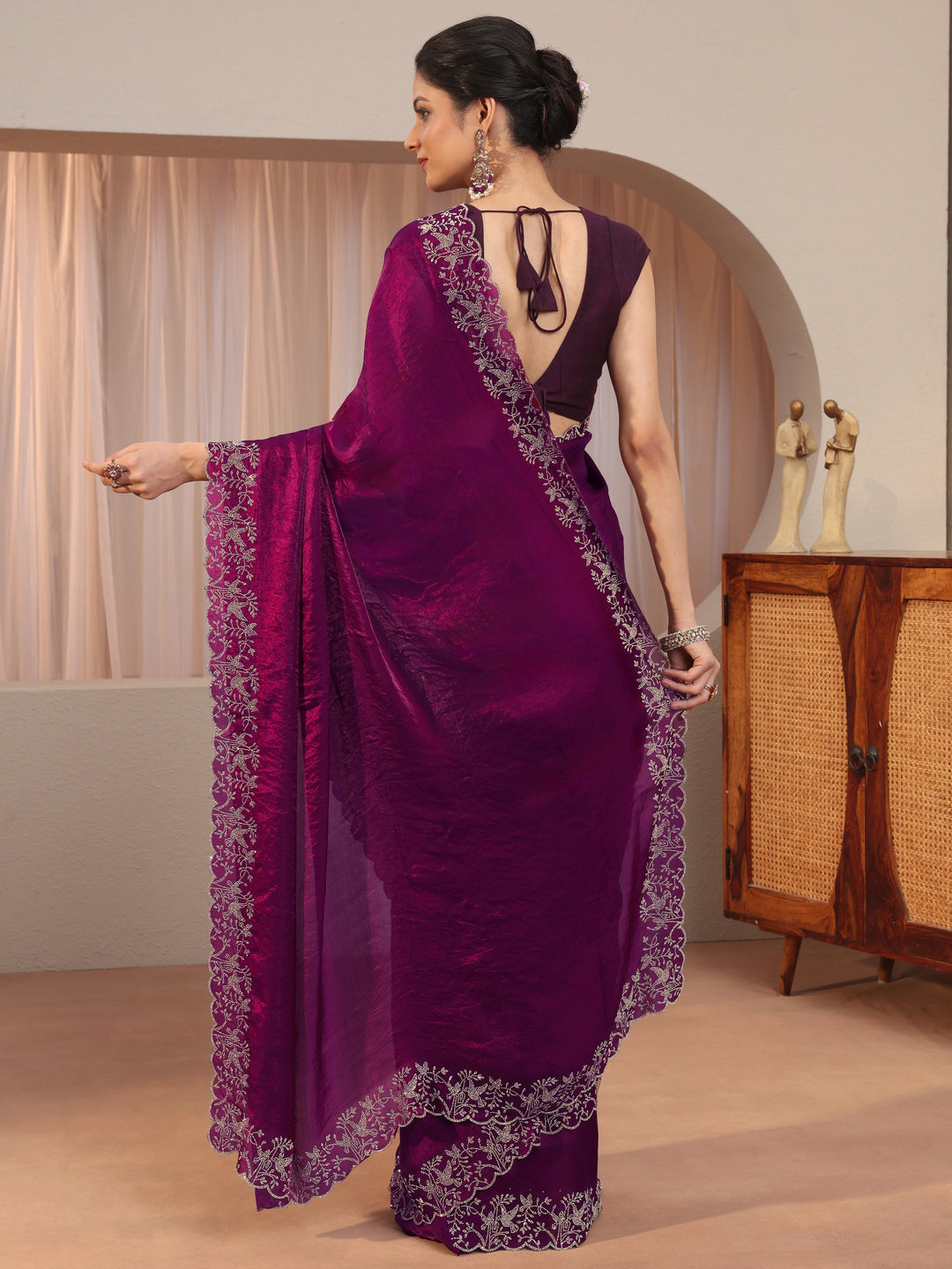  Burgundy Tissue Saree With Embroidered Border 