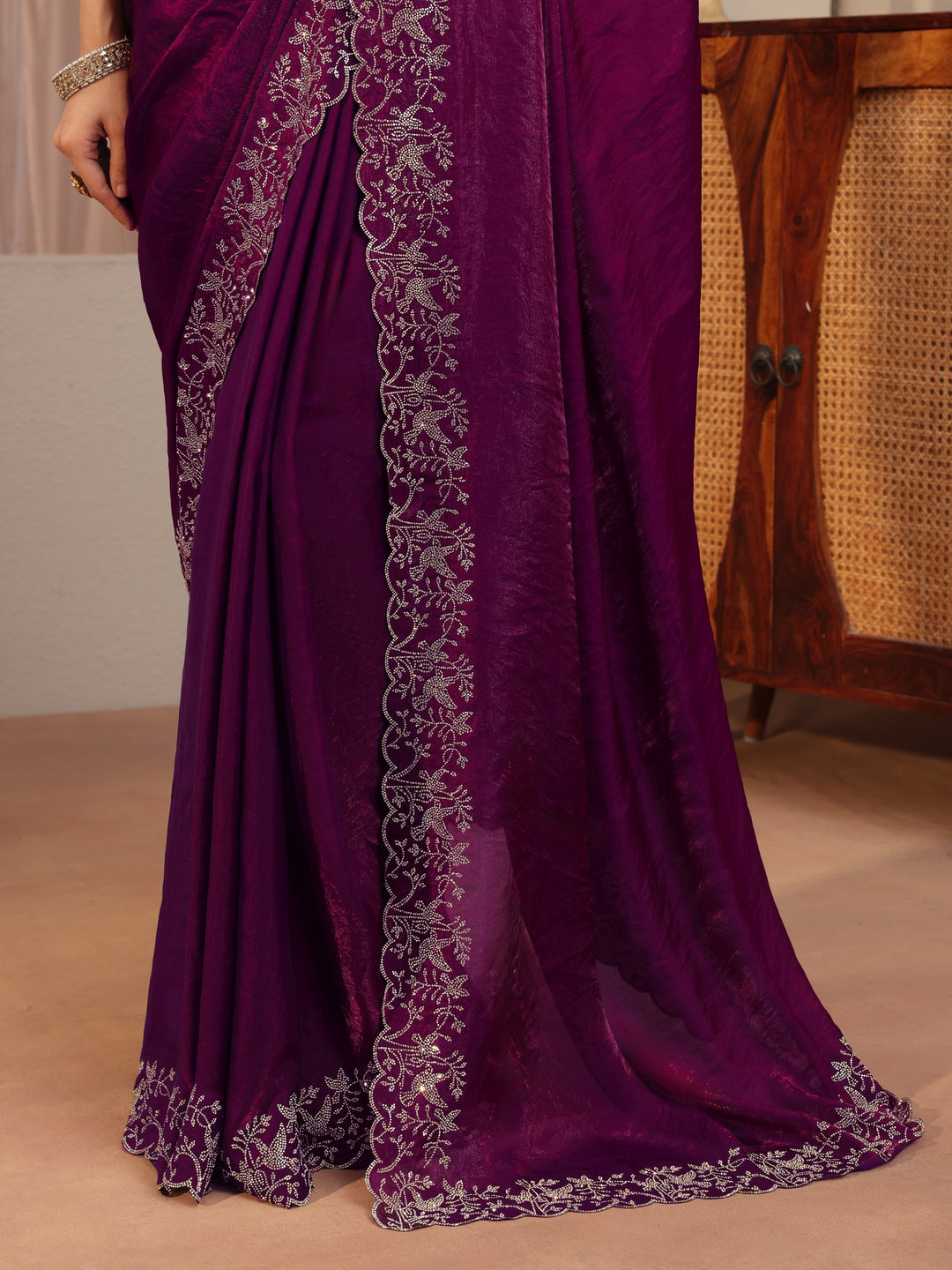  Burgundy Tissue Saree With Embroidered Border 