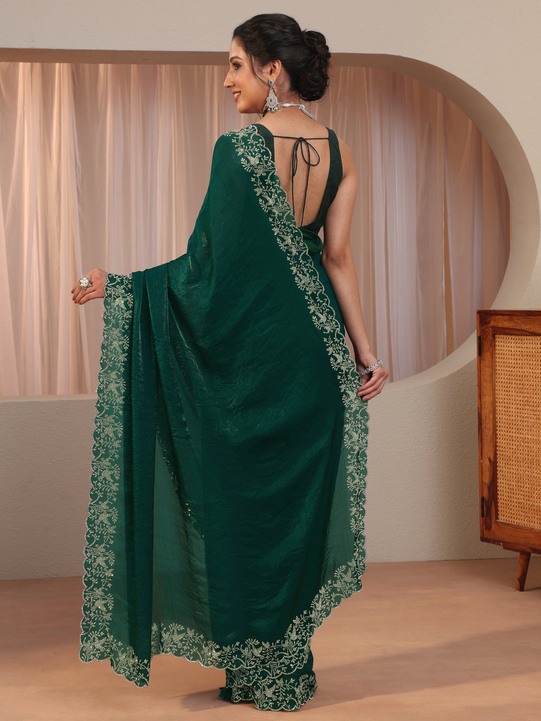  Green Tissue Saree With Embroidered Border 