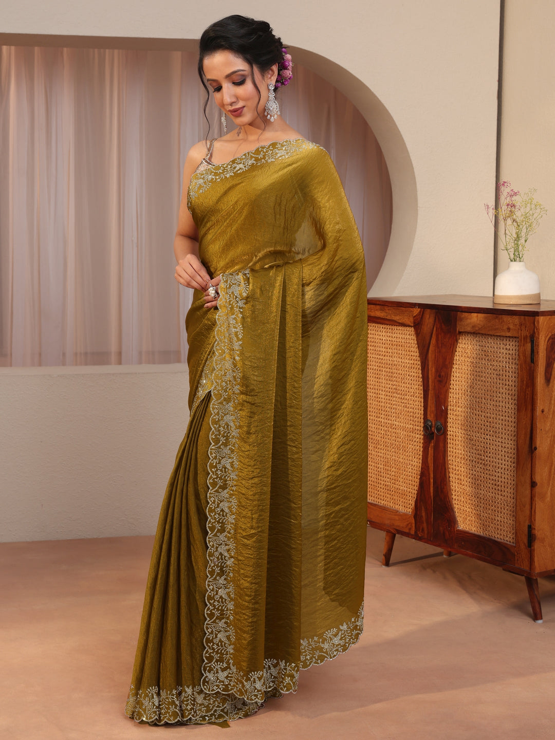  Antique Gold Tissue Saree With Embroidered Border 