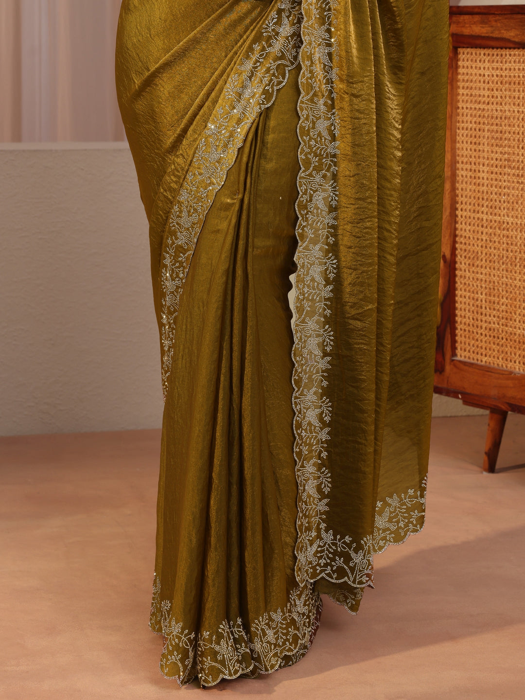  Antique Gold Tissue Saree With Embroidered Border 