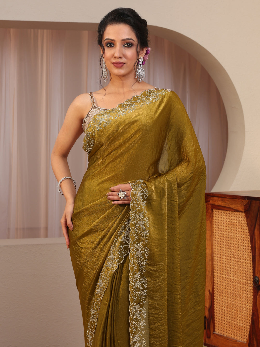  Antique Gold Tissue Saree With Embroidered Border 