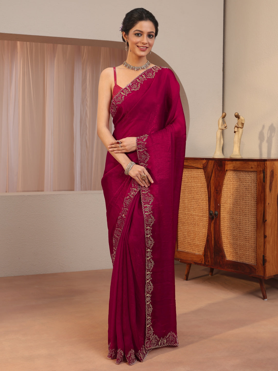  Rose Pink Tissue Saree With Embroidered Border 