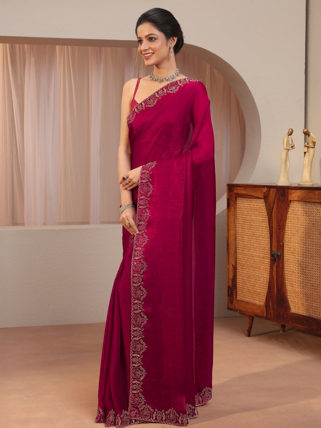  Rose Pink Tissue Saree With Embroidered Border 